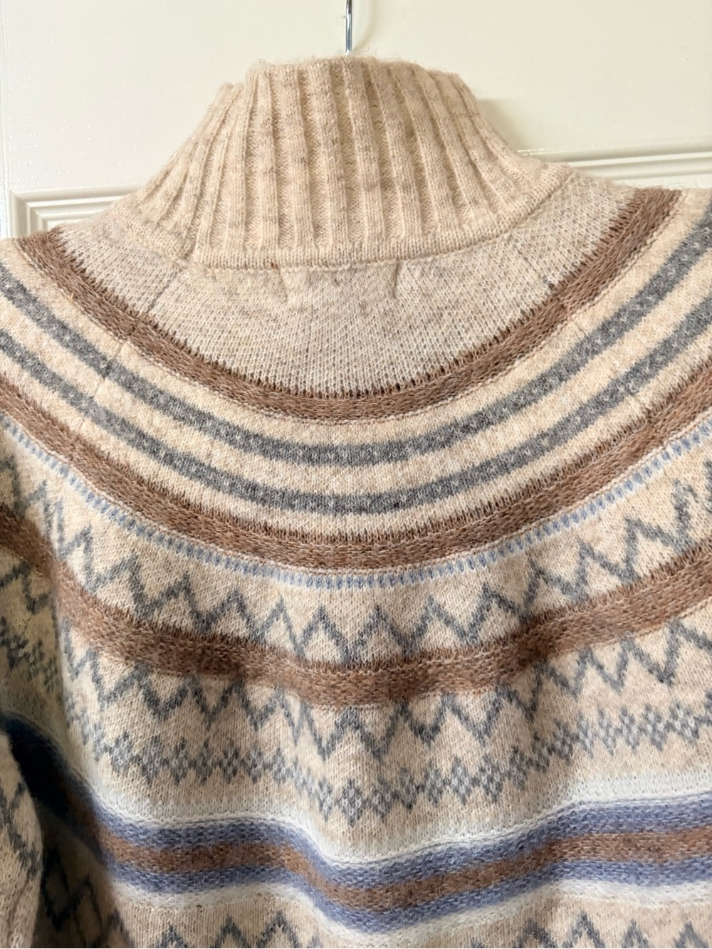 Marled Fair Isle Wool Blend Mock Turtleneck Sweater Cream, blue & tan. Medium - Picture 9 of 14